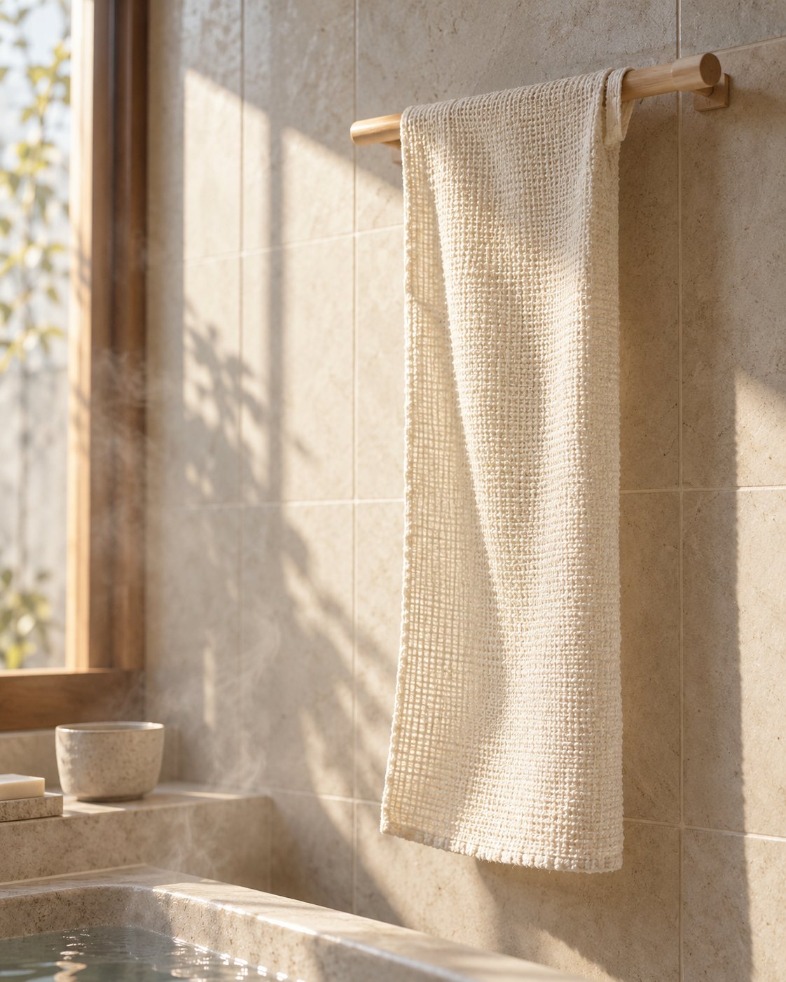 A Nodoka body cloth hanging from a wooden dowel on a stone-tiled bathroom wall in morning sunlight