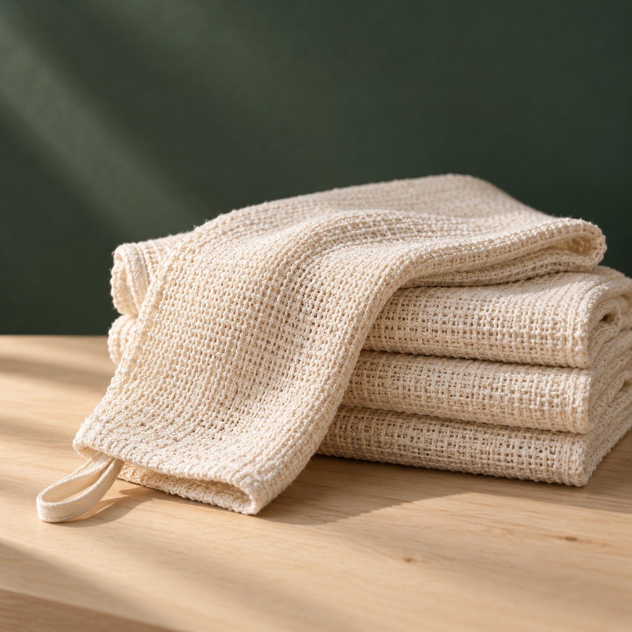 A stack of folded Nodoka cloths on pale wood, showing the woven texture and hanging loop