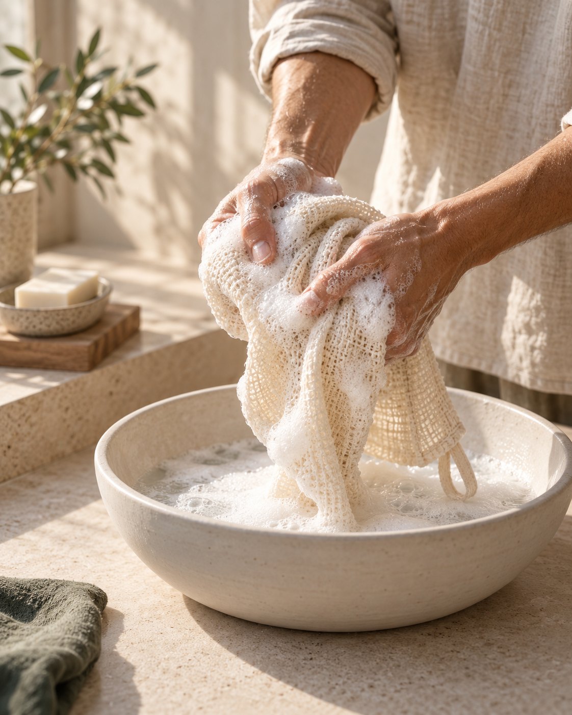 Hands working a thick soap lather into a Nodoka cloth over a ceramic basin in morning light