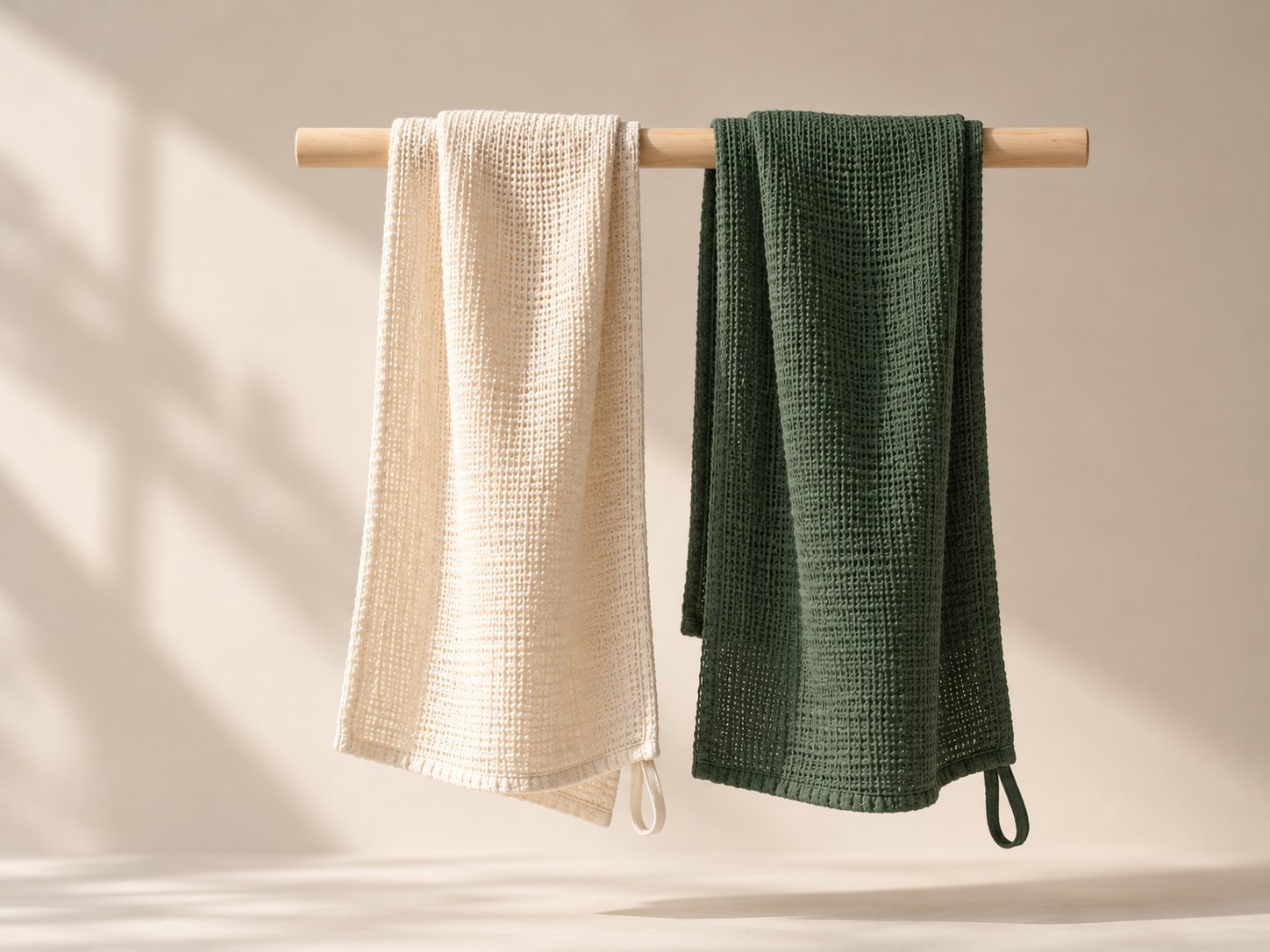 Two Nodoka cloths, one natural and one green, hanging side by side