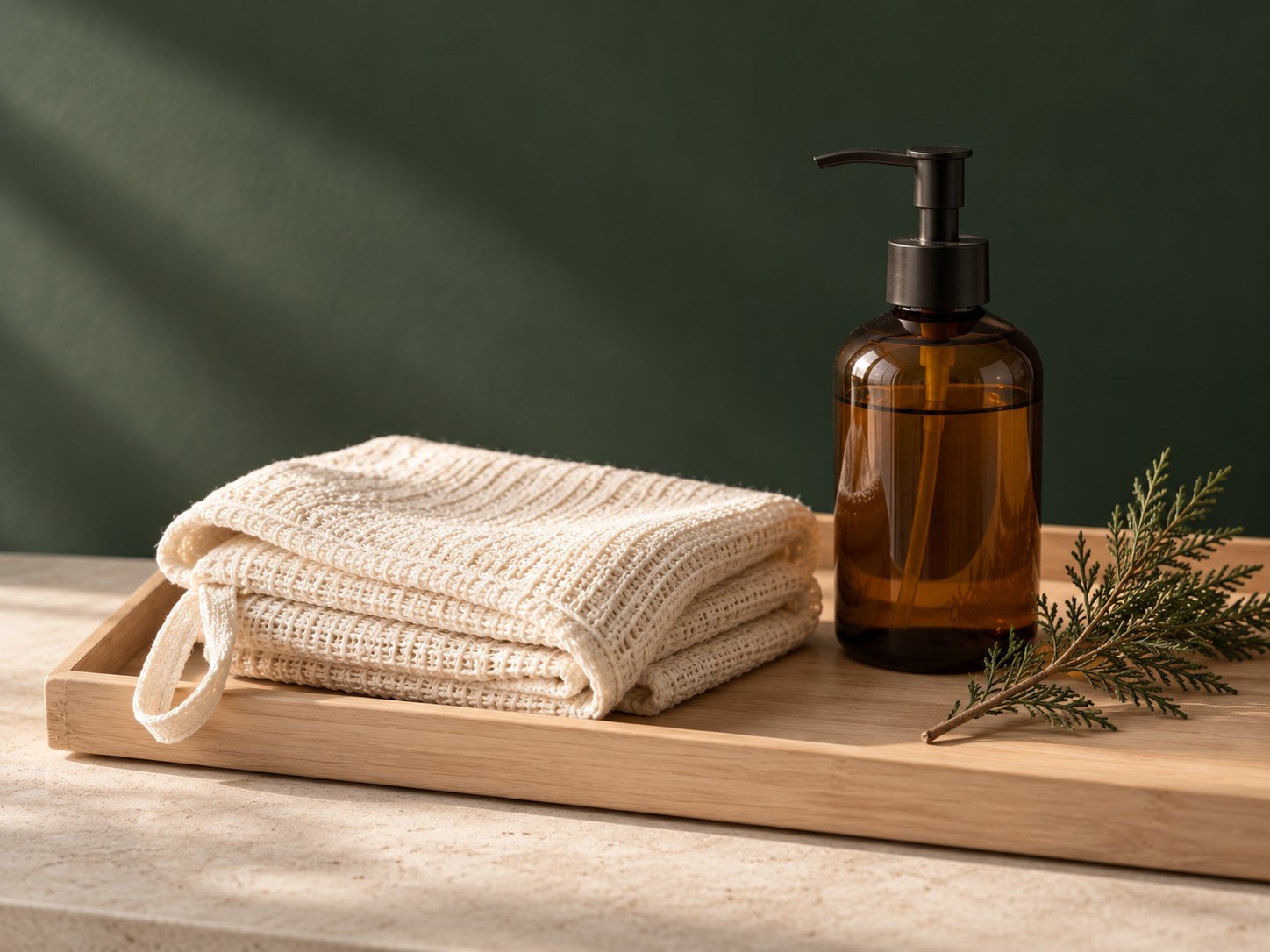 A folded Nodoka cloth beside an amber body wash bottle and a sprig of hinoki on a wooden tray